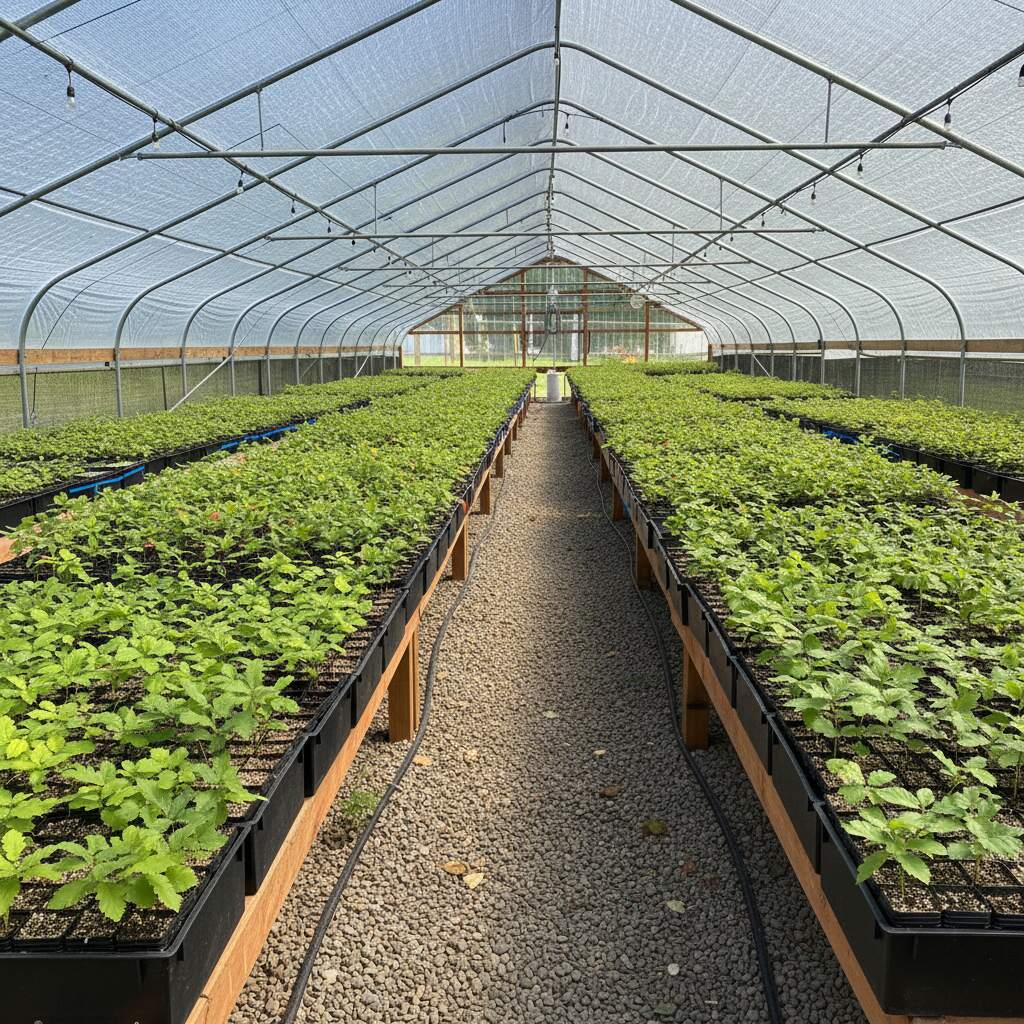 Truffle tree nursery with rows of seedlings in containers