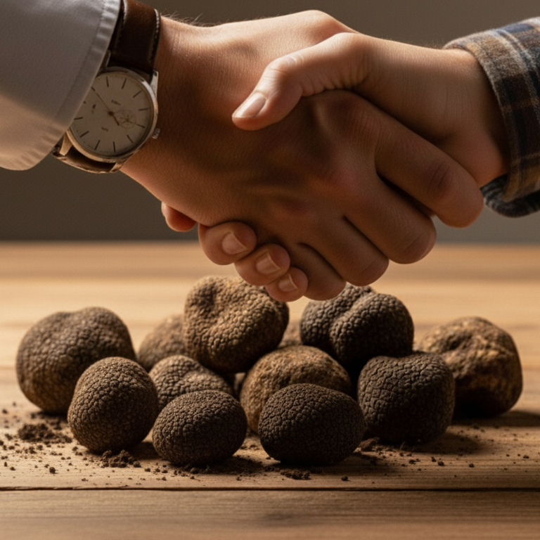 Two hands shaking over a pile of truffles on a wooden surface