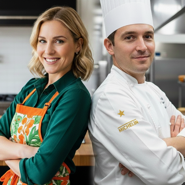 Two chefs, one in a green shirt and apron, the other in a white Michelin-starred chef's coat, standing back-to-back in a kitchen.
